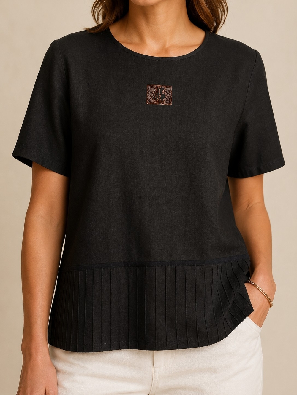Jessica Howard Petite 100% Linen Black Pleated Hem Blouse Short Sleeve Top 2x